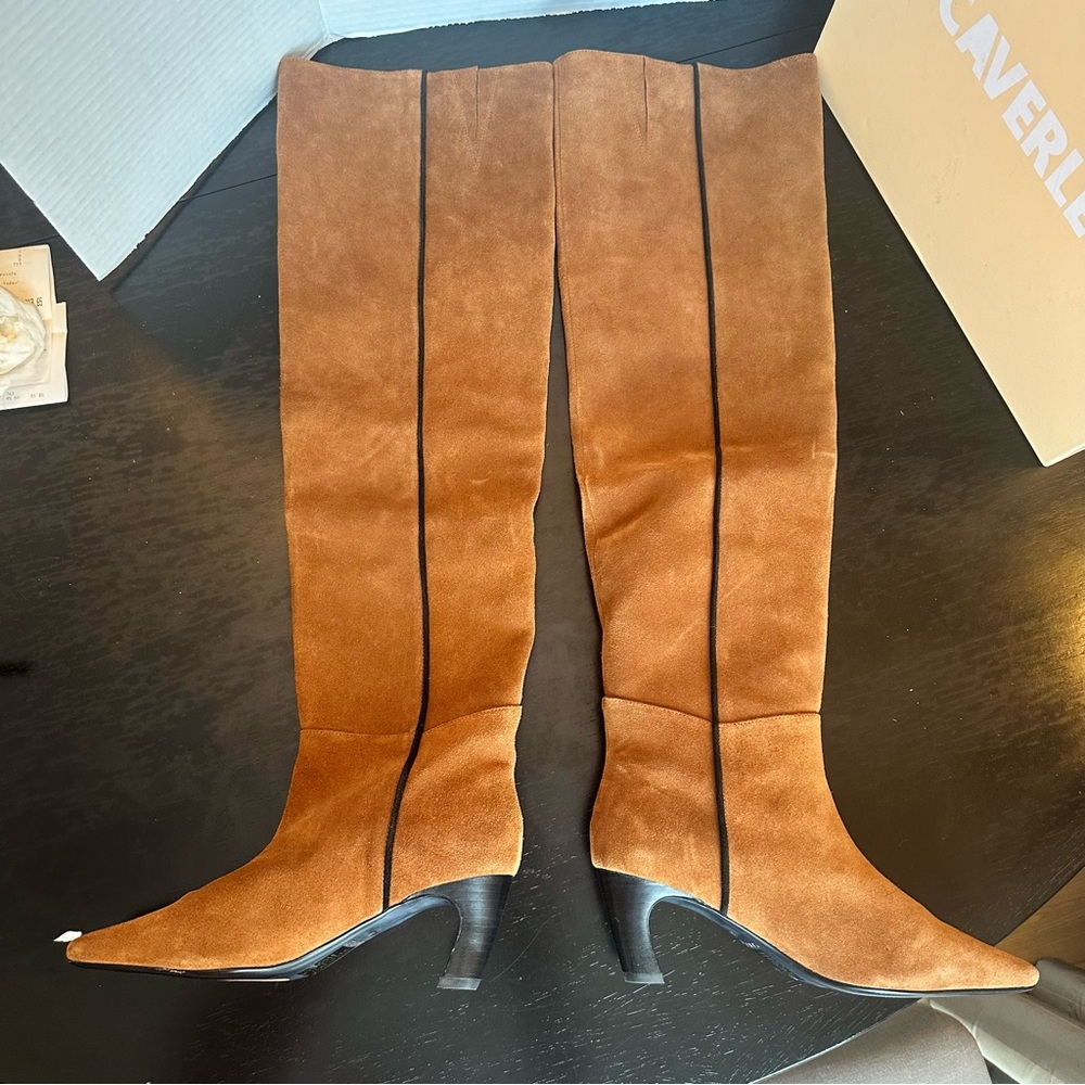 ANTHROPOLOGIE CAVERLEY  Morgan Boots Over-the-Knee Camel Suede Kitten Heel NEW - Picture 5 of 12